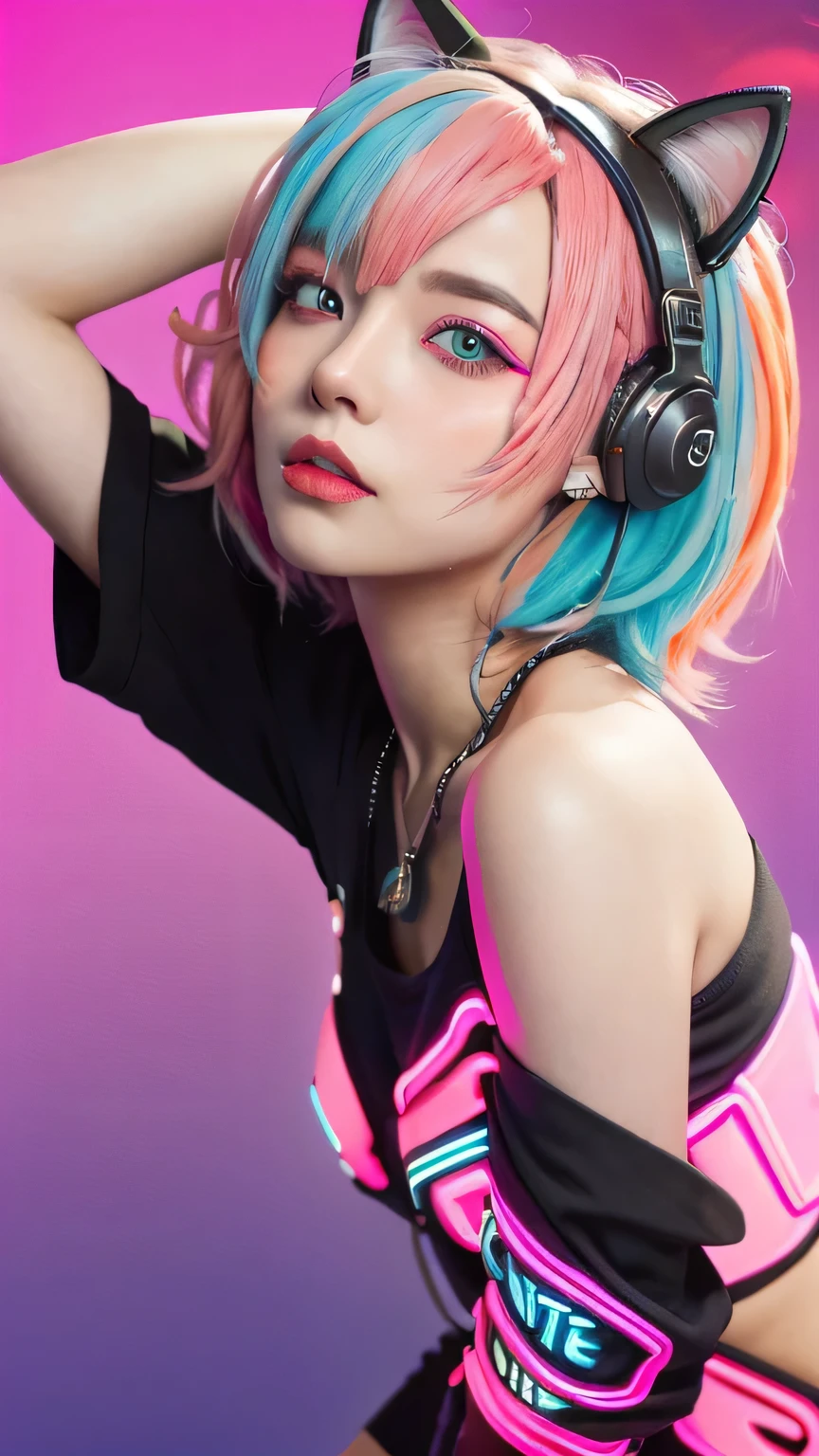 masterpiece, highest quality, 4K, Photorealistic, bokeh, enlightenment,1 perfect portrait of a girl, (A fascinating eye for perfect detail:1.2), colorful hair, (gradient hair), (neon pink hair:1.6), (Cat ear), fantasy background, (exposed bare shoulders), (long-term alienation_sleeve), (lean forward a little), If you look up,hair ornaments,{shy},please shut your mouth, head tilt, movie lighting, oversized clothes, (seductive pose:1.4), (neon pink background:1.6)