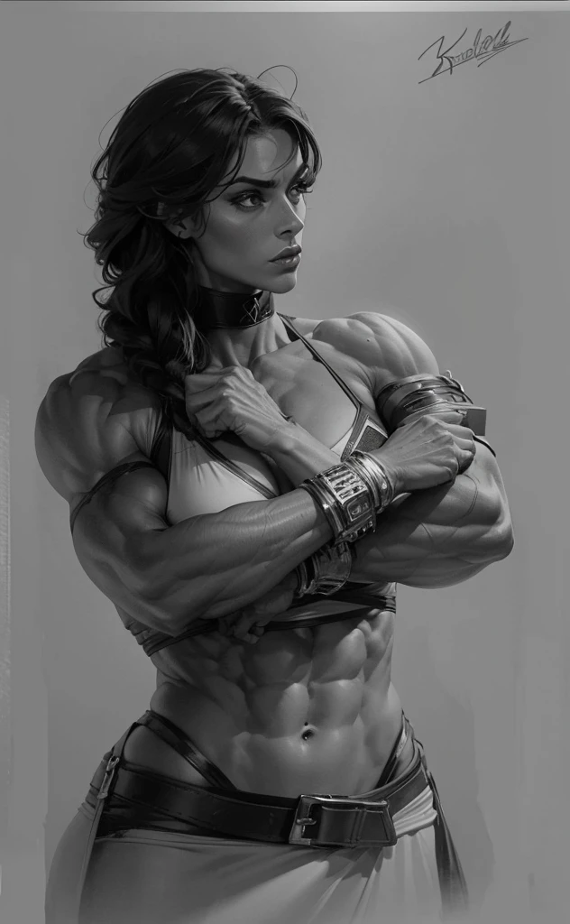 Tirfling woman, very mascular, woman-warrior wearing a top, woman 35 years old, breaided hair, tall, statuesque, imposing, towering, biceps, triceps, eight pack abs, extremely defined abs, tank top, wide shoulders, slender, toned, long eyelashes, perfect eyes