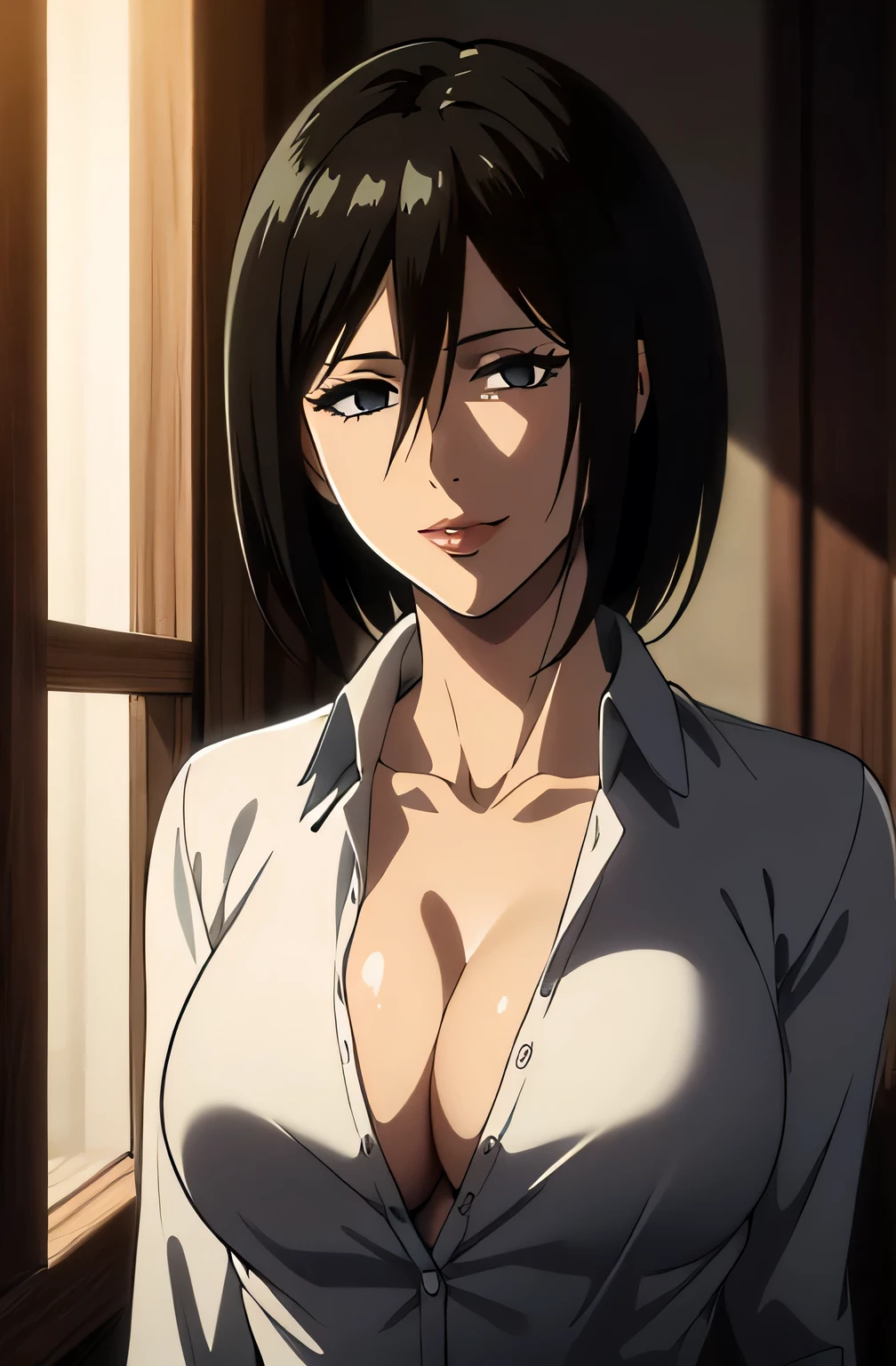 1girl, mikasa ackerman, (black hair:1.3), Hair between the eyes, Short hair, ))) detailed black eyes))), full lips, best quality, masterpiece, best work, (wearing white shirt showing lot of cleavage), (background window ), evening time, medium_breasts, , (cleavage), cowboy_shot, looking_at_viewer, light smile, great detailed, professional work, cool soft lighting, greatest work, outstanding quality, ((beautiful eyes)), (mature women), mature body, best quality, ((best quality, masterpiece)), best of best, aot styl , upper body