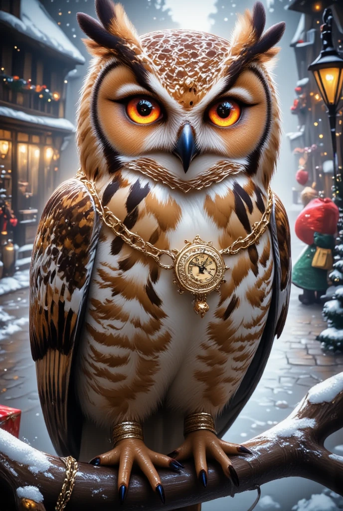  Beautiful Big Owl with big eyes ,  With bright yellow eyes ,  beautiful feathers with golden plumage ,  sits on a branch,  on the Neck Weighs a pendant on a gold chain thin on a chain a small watch with a mechanism ,  looks at the viewer, It&#39;s snowing, magic,  You can see a small town with Christmas trees and Elves loading gifts in a big red bag, bright colors,  intricate details , masterpiece, 16K,  best quality, As detailed as possible ,