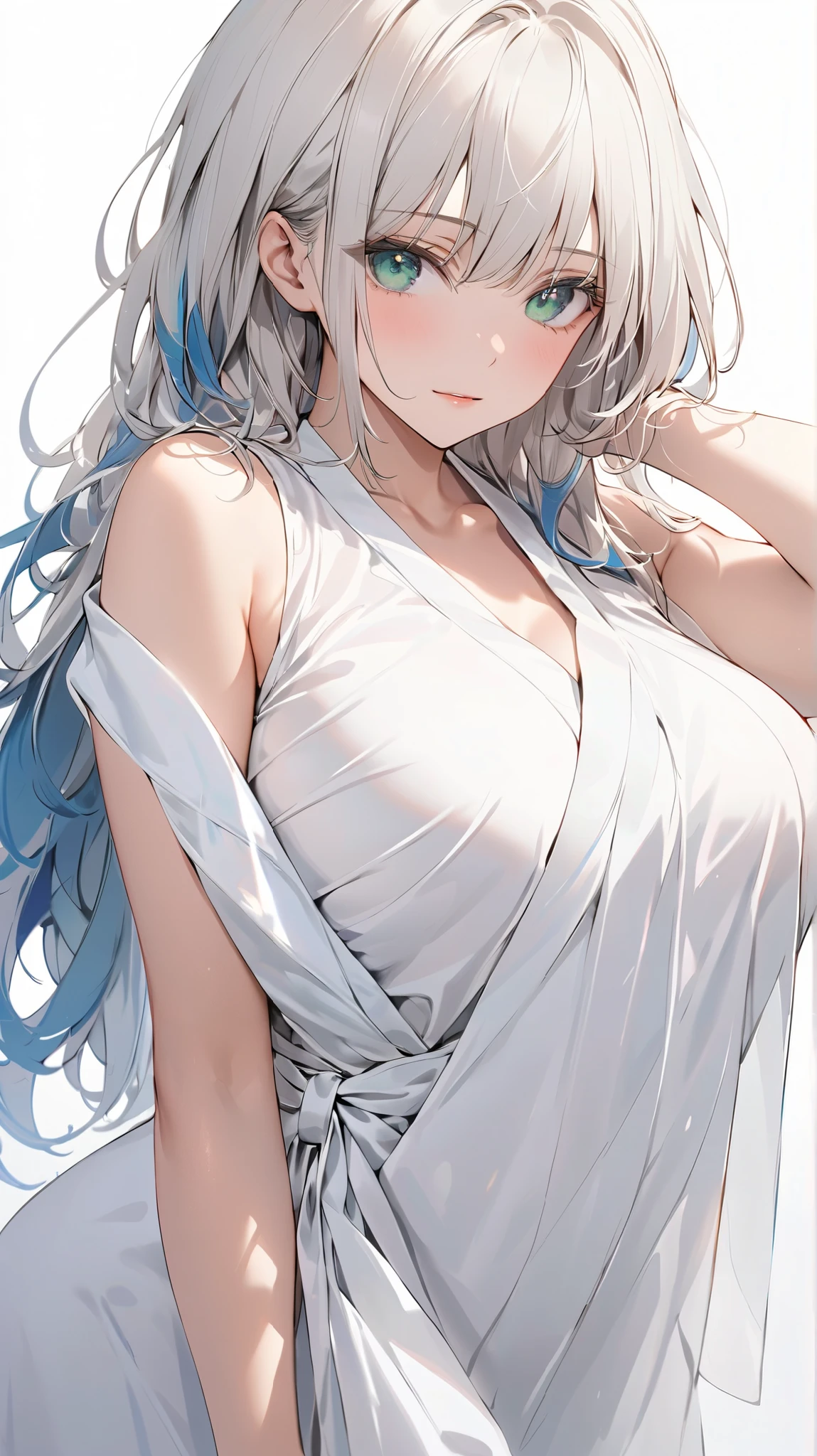 A girl, long white hair, red face, blush, eyeliner, silkworm, long hair, jewel-like eyes, (white T-shirt: 1.5), (laser gradient jacket), laser style hair, HD picture quality, realistic texture, high detail, contour light
