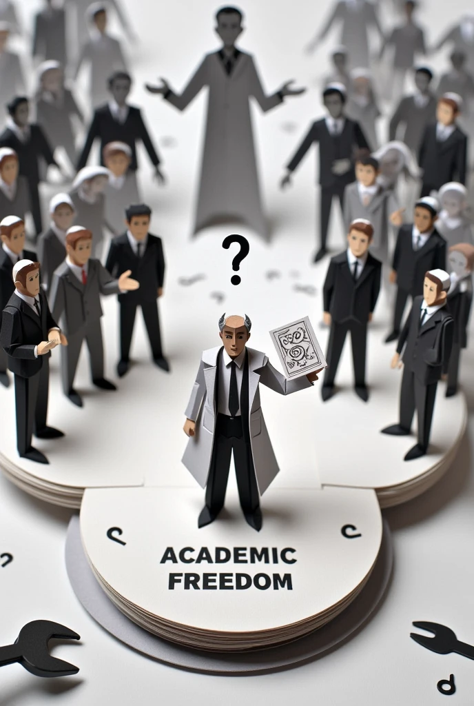 "An origami-style illustration representing the concept of academic freedom as a delicate balance. The scene depicts a university professor represented as an origami figure standing on a fragile platform labeled 'Academic Freedom,' holding a book with unconventional symbols, symbolizing free thought. On one side, a group of origami figures resembling students and employers look on with questioning expressions, representing their opposing expectations. On the other side, shadowy origami figures symbolizing governmental or elite control loom in the background, casting a long shadow over the scene. Surrounding elements include an origami plumber's wrench and a waiter's tray, symbolizing the comparison to other professions. The overall tone is contemplative, with an emphasis on tension and resistance within the delicate paper folds."