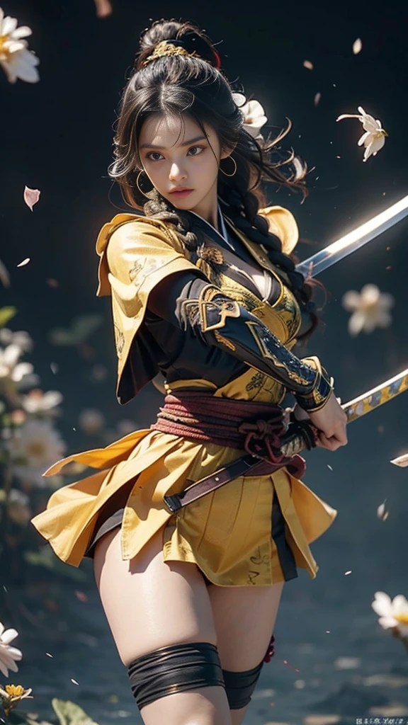  Sexy female characters dressed as warriors from the Sengoku period 、((Braided hair))、((onyx black hair))、((toned body))、(glistening skin)、 toned body、She has ample breasts and plump thighs、 The yellow armor with a chrysanthemum pattern engraved on it is bikini type and is designed to emphasize chest exposure、( Wear a chrysanthemum-patterned cape )、 white super miniskirt、 yellow shin guards with chrysanthemum petals engraved 、Yellow high-cut underwear、Yellow tights、 absolute domain、((look at viewerlook at viewer))、((fighting stance))、((Pose pulling a sword out of its scabbard ))、 Strong yet elegant atmosphere 、 they are ready to fight even now、 The background is a battlefield with chrysanthemums and petals scattered 、((Lots of chrysanthemum petals scattered all over the screen ))、 Super high resolution and realistic touch 、 shiny armor and fabric texture 、A dynamic pose is depicted in detail、