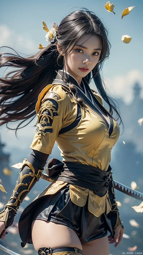  Sexy female characters dressed as warriors from the Sengoku period 、((Braided hair))、((onyx black hair))、((toned body))、(glistening skin)、 toned body、She has ample breasts and plump thighs、 The yellow armor with a chrysanthemum pattern engraved on it is bikini type and is designed to emphasize chest exposure、( Wear a chrysanthemum-patterned cape )、 white super miniskirt、 yellow shin guards with chrysanthemum petals engraved 、Yellow high-cut underwear、Yellow tights、 absolute domain、((look at viewerlook at viewer))、((fighting stance))、((Pose pulling a sword out of its scabbard ))、 Strong yet elegant atmosphere 、 they are ready to fight even now、 The background is a battlefield with chrysanthemums and petals scattered 、((Lots of chrysanthemum petals scattered all over the screen ))、 Super high resolution and realistic touch 、 shiny armor and fabric texture 、A dynamic pose is depicted in detail、