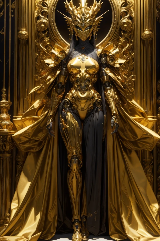 (masterpiece, 4k ,ultra detailed,raw photo:1.2),illustration, simple style, 1girl, cyborg,faceless robot, full body, Golden Yellow theme   venetian mask  reelmech arcana alphonse mucha artwork ruanyi0238 venusbody