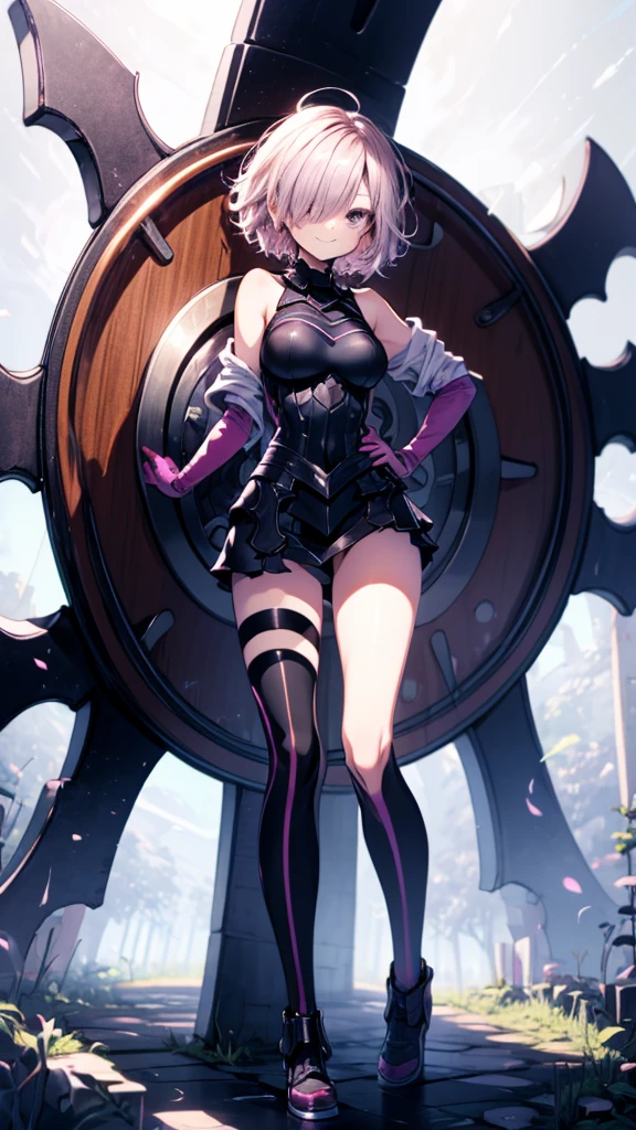 ((full body)),   Masterpiece ,  best quality,  1 girl, ( detailed), , Dark Cross Shield,  Mash Kyrierite ,  light purple hair,  shorthair, Hair on one eye, smile,  slender body ,  detail eyes off the shoulder,  ultra detail,  in a green park forest , 8k,  movie-like lighting ,  Dramatic Lighting,  dramatic atmosphere ,  complex details,  Exquisite Details ,  Perfect Skin,  beautiful face,   Elegant Poses  , Powerful Being,  attractive expression,  vibrant colors, Amazing Contrasts 