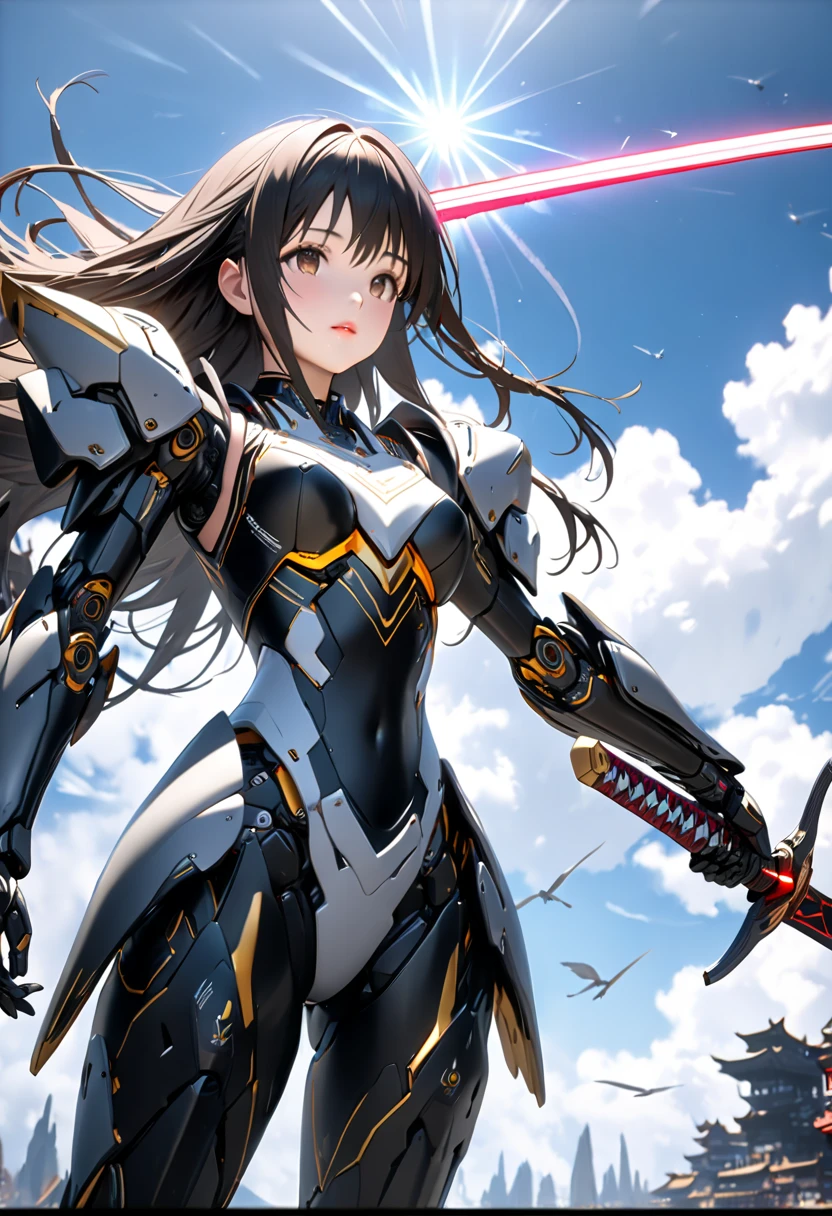 Ultra HD 3dCG concept art,   Kotegawa Yui wearing robot armor flies dynamically through the sky with a long sword. 1 girl with black long hair robot girl ,  black and white mechanical barrette with a long black and white sword  ,  Highly Detailed Brown Eyes ,  beautiful lips, Breathtakingly detailed skin, wearing flashy black and white robot armor ,  stylish depiction and realism of robot armor , Detailed depiction of the robot armour&#39;s mechanisms, Surface gloss and texture,( 長い黒と白の剣を持つ :1.5). Accurate depiction of a hand holding a sword,The extremely detailed pattern and shape of the sword,   sword blade light and red beam radiation effects from the blade  ,Flying in the blue sky、(Dynamic flight:1.2)、Full body portrait, High Quality ,  highdefinition images,(  Masterpiece , 最 High Quality , 4K, 8k.:1.5).  ultra detail, Paintings of Transcendental Technique ,  3d rendering ,  movie-like lighting , vivid color,  professional photo resolution ,  Award-Winning 、