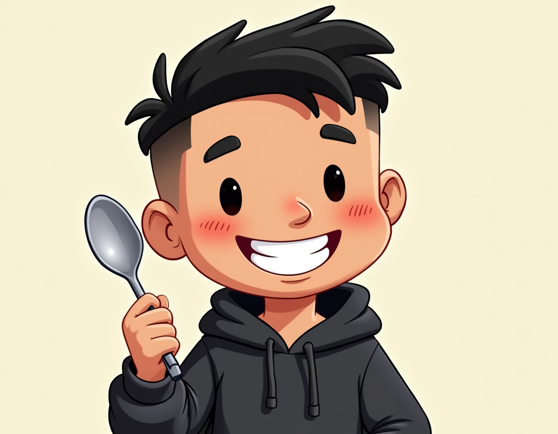Make me a picture Cartoon of a young man Age 12 years while drinking water eating rice White Muslim as a side dish And wearing a black cap