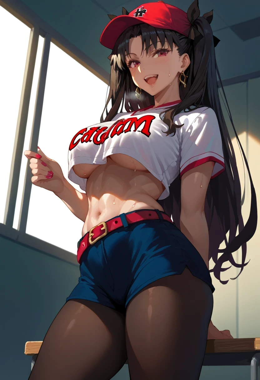 Rin Tohsaka，Source anime, Tall girl, Fit girl,score_9, score_8_up, score_7_up, score_6_up, uncensored midgar, long hair, very long hair, black hair ribbon, black hair, red eyes, sidelocks, ribbon, large breast, gyaru, 1girl, baseball_uniform, hat, sportswear, shorts, breasts, belt, baseball_cap, large_breasts, open_mouth, sweat, pantyhose, solo_focus, thighs, clothes_writing, smile