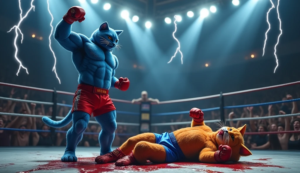 create realistic images A dramatic scene features two anthropomorphic cats in a boxing ring. The muscular red cat, wearing white shorts and boxing gloves, is receiving a powerful kick to the stomach from a larger blue-furred cat, who is also wearing black shorts. Bright bursts of energy and blood erupt from the point of impact, highlighting the intensity of the moment. In the background, a captivated audience watches with various expressions of shock and excitement.