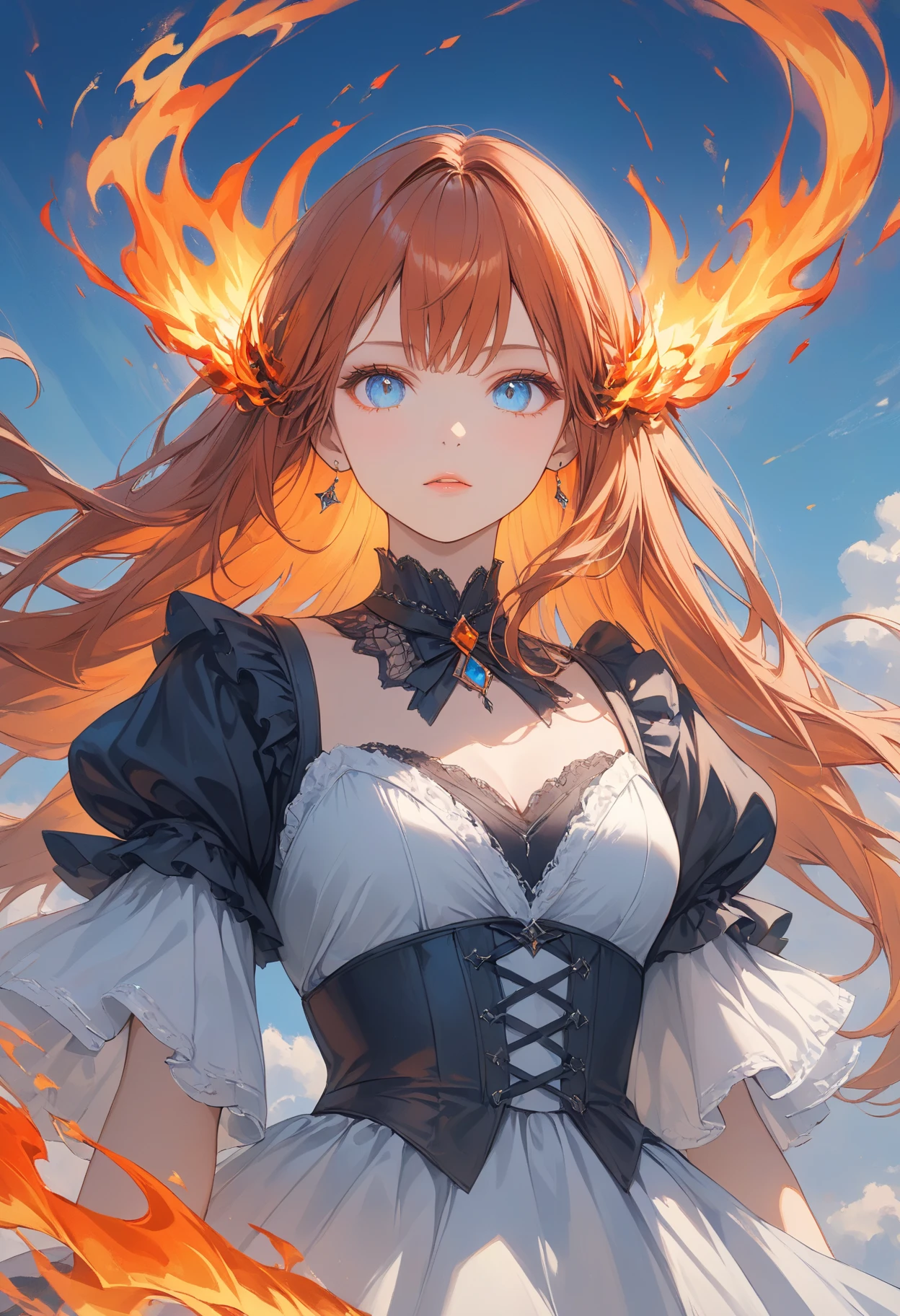  Masterpiece, high quality, high resolution, 16K, ultra detailed background, hyper realistic, digital painting, dark fantasy, maiden on fire, long eyelashes, beautiful skin, long hair with burning flames, gradient hair color of red, orange and blue flames, auburn skin, part of skin glowing red, volcano inspired Gothic dress, cloth edges burning, flame effects, dynamic angles,