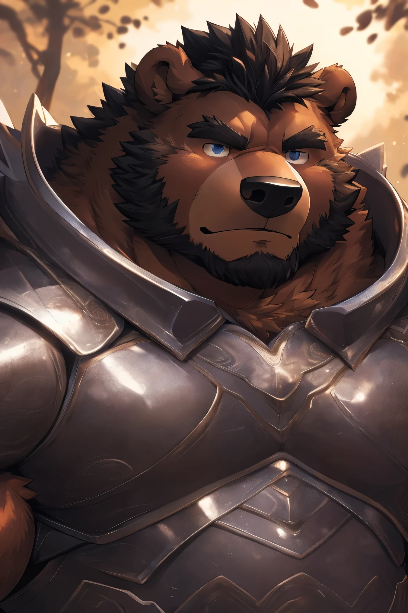 ((upper body:1.2)),1man,solo,dark brown bear,Exquisite，Solitary，Chubby，(Fat:1.2)，((detail eyes:1.5)),(one-tone dark brown body skin:1.5),(Long Nose),Thick arms, Rugged muscles,black hair，black plush fur，Chubby脸，Brown eyebrows，blue eyes，Beard，Romanticized views, lively illustrations, Surrealism,forest,Blue sky, cloud,warrior, (Silver Fullplate Armor set:1.5),Perfect anatomical structure, Caustic lines, Deep Shadow, Dynamic Angle,human nature, dark brown Orcs, male,40 years old，Uncle，((Round Face, The face is plump,Thick black hair)), ((Handsome)), ((domestic dark brown bear, dark brown Orcs，) fluffy fur, Fluffy black hair), Bokeh, (high quality, high resolution, masterpiece), (Vibrant colors), Full body pictures, cartoon, author：Takemoto Arashi, From Zixiong, author：Chunni, author：Ethereal