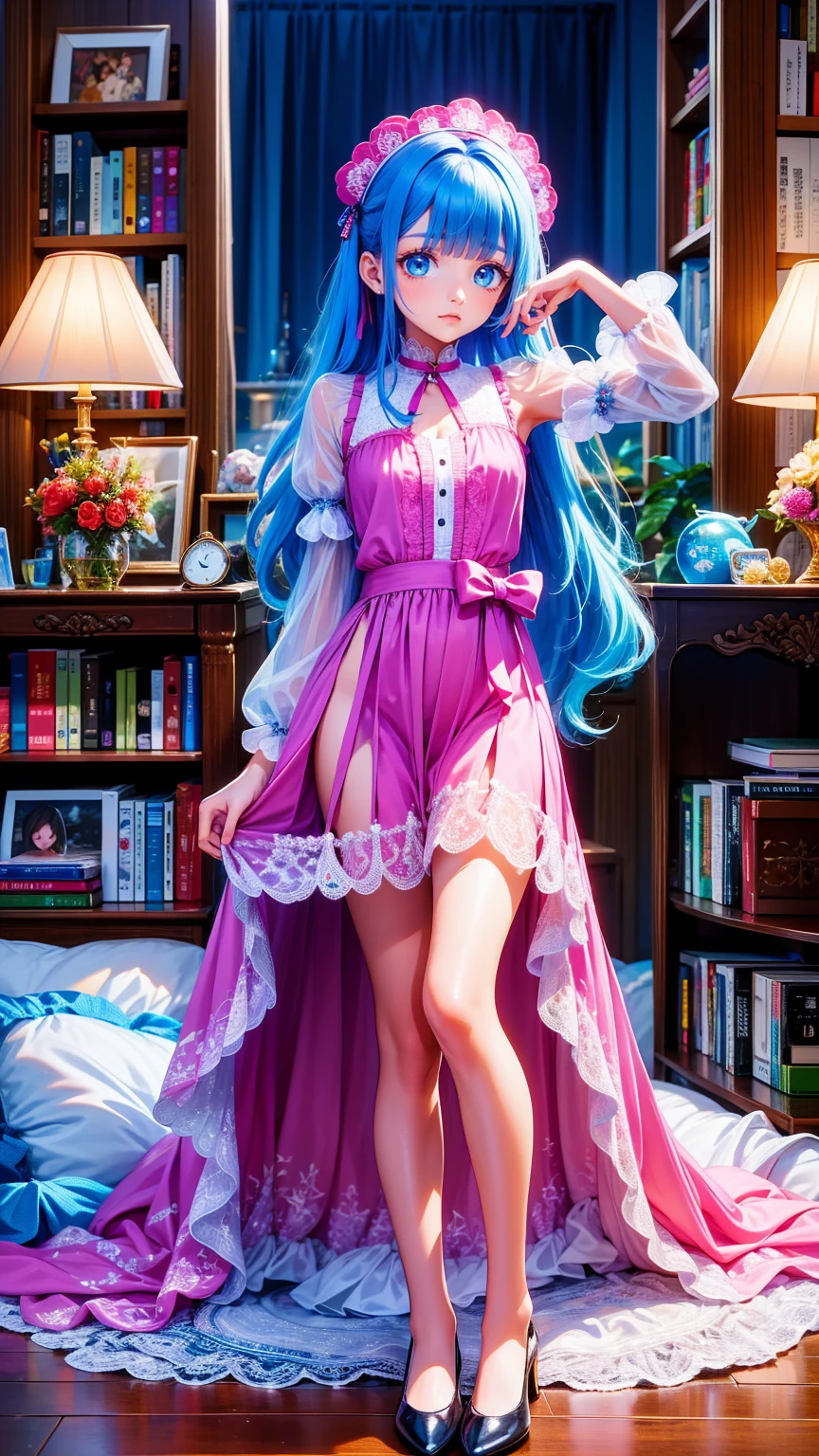 (  Masterpiece ,  best quality:1.3),  1 girl, solo,  teenager ,( high quality eyes :1.3), an 18 year old girl、****Tafana in my room 。 Girl in a dress with lots of pink ruffles and lace with lots of ribbons。 It features puff sleeves and a knee-length skirt .、 The headdress also has a bow .。 There is a bookshelf and dressing table in the background .、 soft light is shining through the window 。 There is a bed in the corner of the room .、 A plush toy is placed on top of it 。