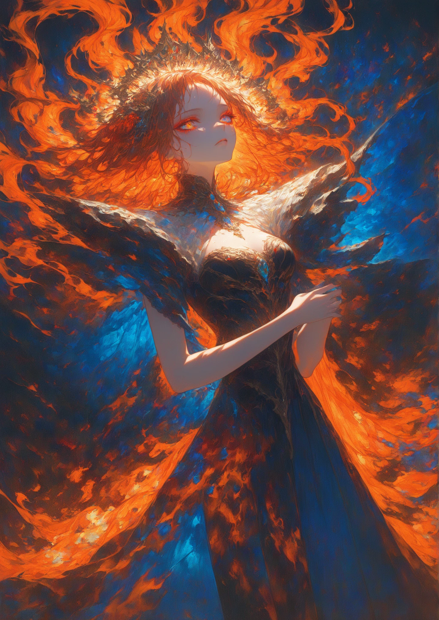 ( High quality , ultra detailed to hand ) ( careful hand ) Zodiac sign- Aries goddess , similar to latin goodness , Brave ,willful ,productive ,enterprising and humanitarian face . Moody, impulsive, impatient, assertive style . sunset reddish hair , transparent dress , in the ocean with sun , whole body , crystal fire eyes ( eye detailed ) . strong powerful make up look . Fire goddess .