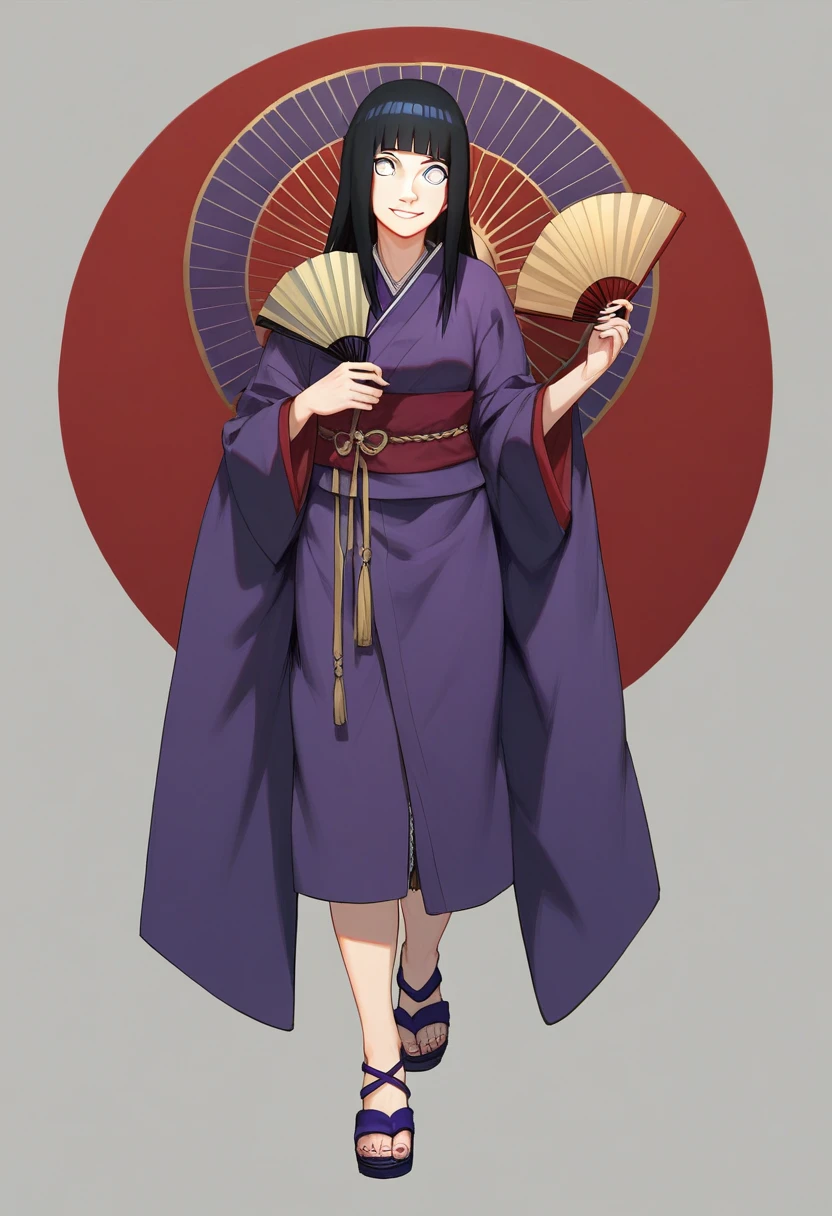 hinata hyuga smiling, long black hair,bangs,white eyes,wearing a purple kimono with fur on her shoulders,holding a gold & purple fan,red lipstic,naruto art(contrapposto full body) purple sandals