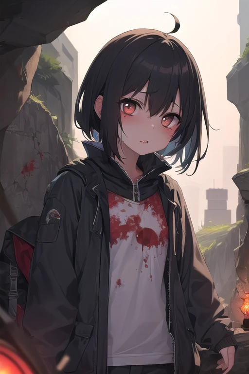 Best picture quality, wearing a dark cloak covering her head, masterpiece, ultra high resolution, (fidelity :1.4), photo, 1 girl,[(sadness)],no shirt, black long hair, Dim, dark, desperate, pitying, pitiful, cinematic,tear,teardrop,(Torn clothes:1.5), (Dry clothes:1.4), bare shoulders,Real rain,wet hair, ((walking in the desert sand)), (((scarred face with many scars))), in a sandstorm