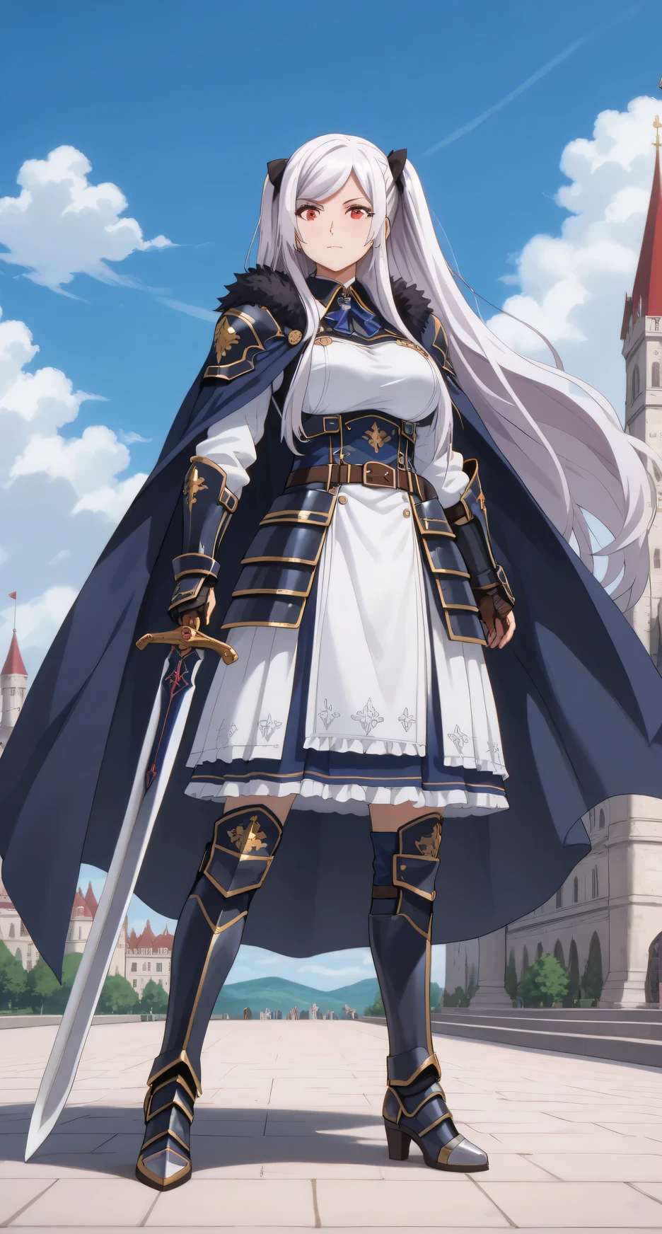 Source anime, Tall girl, Fit girl,score_9, score_8_up, score_7_up, score_6_up, uncensored, alexia midgar, long hair, very long hair, black hair ribbon, white hair, red eyes, sidelocks, ribbon, large breast, gyaru, 1girl, armor, solo, gauntlets, sidelocks, fur_trim, castle, cape, standing, outdoors, blue_dress, full_body, cloudy_sky, bangs, armored_dress, boots, armored_boots, breastplate, sky, cloud, closed_mouth, dress, fur-trimmed_cape, long_hair, faulds, sword, holding with two hands, from front
