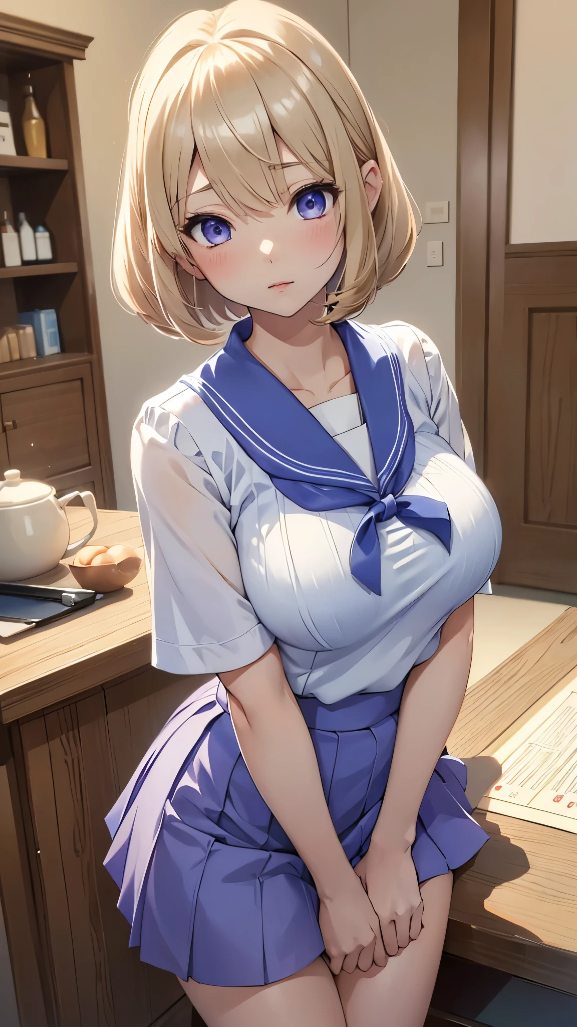 Umino Yuki、masterpiece,  best quality、 best quality,(8k resolution),Beauty、 （  Sexy Perfect Style）、(  Big Breasts )、Blonde Bob Cut、(white and blue sailor uniform)、( blue skirt)、((Bring your chest closer))、 purple eyes、