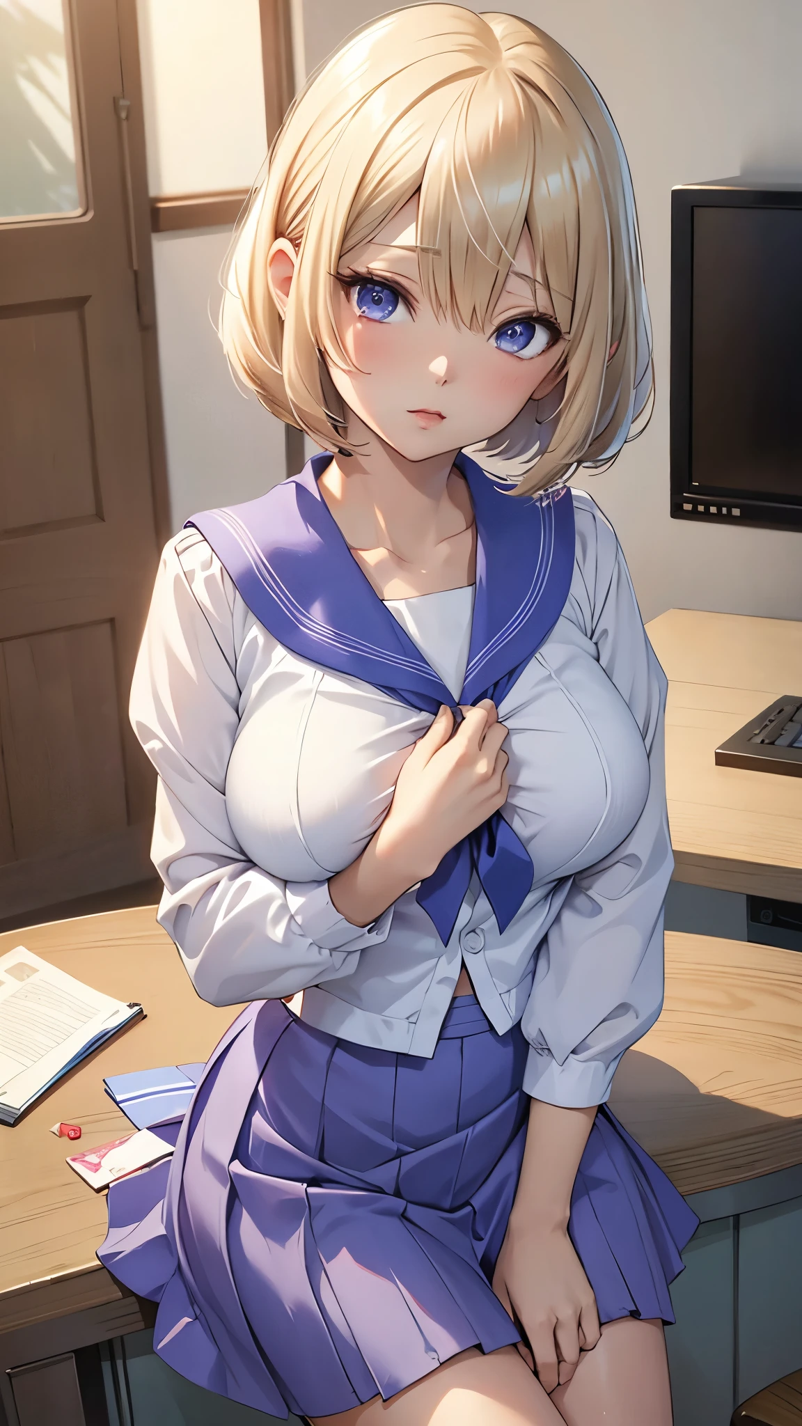 Umino Yuki、masterpiece,  best quality、 best quality,(8k resolution),Beauty、 （  Sexy Perfect Style）、(  Big Breasts )、Blonde Bob Cut、(white and blue sailor uniform)、( blue skirt)、((Bring your chest closer))、 purple eyes、