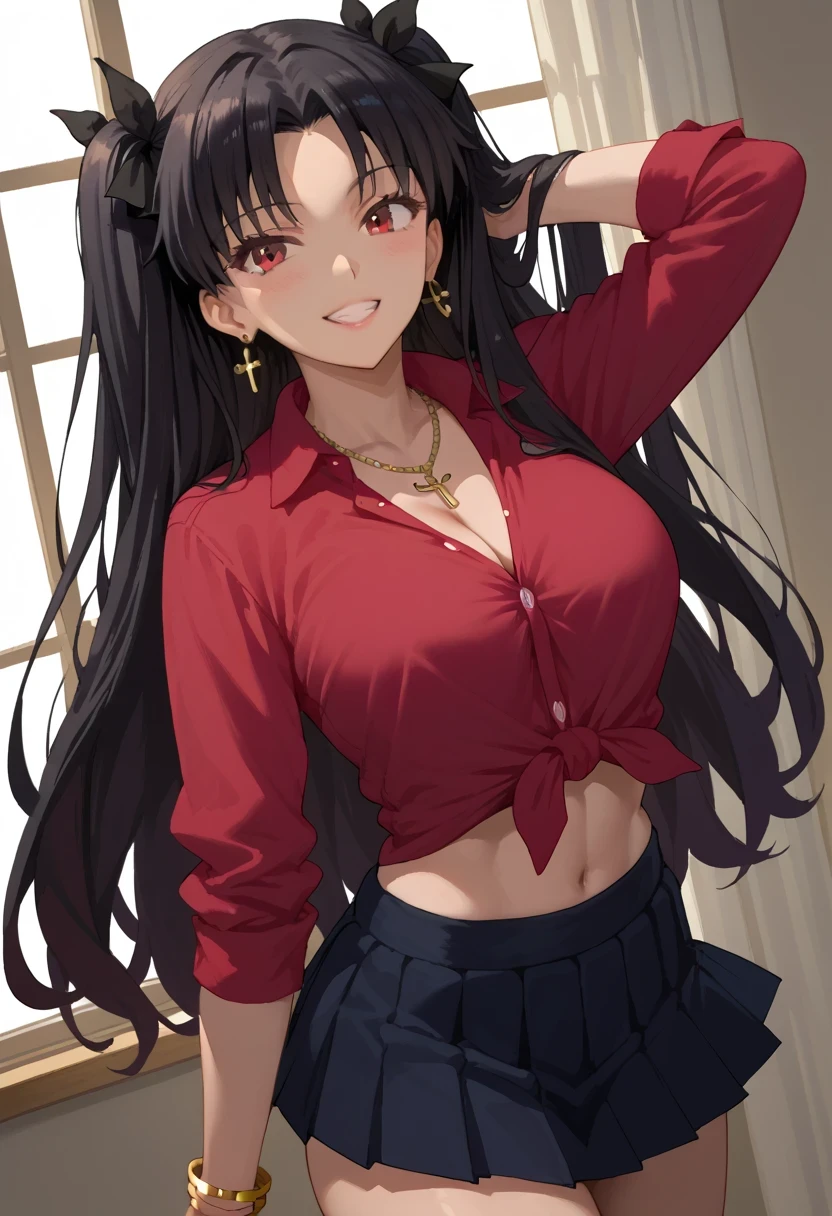 Rin Tohsaka，Source anime, Tall girl, Fit girl,score_9, score_8_up, score_7_up, score_6_up, uncensored midgar, long hair, very long hair, black hair ribbon, black hair, red eyes, sidelocks, ribbon, large breast, collared shirt, tied shirt, pleated skirt, flashy gyaru, happy, showy,too many accessories, colorful , kogal, kogal gyaru, necklace, earrings, bracelet, navel, midriff,