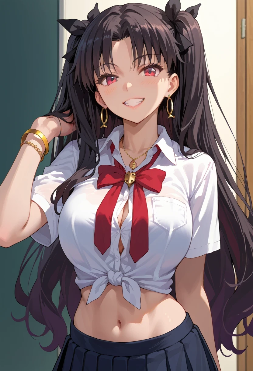 Rin Tohsaka，Source anime, Tall girl, Fit girl,score_9, score_8_up, score_7_up, score_6_up, uncensored midgar, long hair, very long hair, black hair ribbon, black hair, red eyes, sidelocks, ribbon, large breast, collared shirt, tied shirt, pleated skirt, flashy gyaru, happy, showy,too many accessories, colorful , kogal, kogal gyaru, necklace, earrings, bracelet, navel, midriff, school backgrounds 