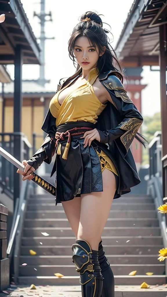  sexy female character dressed as a warrior from the Sengoku period、((Braided hair))、((onyx black hair))、((toned body))、(glistening skin)、 toned body on the stairs at JR station、((mega breasts 1.8))、She has ample breasts and plump thighs、 The yellow armor with a chrysanthemum pattern engraved on it is bikini type and is designed to emphasize chest exposure、( Wear a chrysanthemum-patterned cape )、 white super miniskirt、 yellow shin guards with chrysanthemum petals engraved 、Yellow high-cut underwear、Yellow tights、 absolute domain、((look at viewerlook at viewer))、(( battoujutsu stance))、((Pose pulling a sword out of its scabbard ))、 Strong yet elegant atmosphere 、 they are ready to fight even now、 The background is a battlefield with chrysanthemums and petals scattered 、((Lots of chrysanthemum petals scattered all over the screen ))、 Super high resolution and realistic touch 、 shiny armor and fabric texture 、A dynamic pose is depicted in detail、