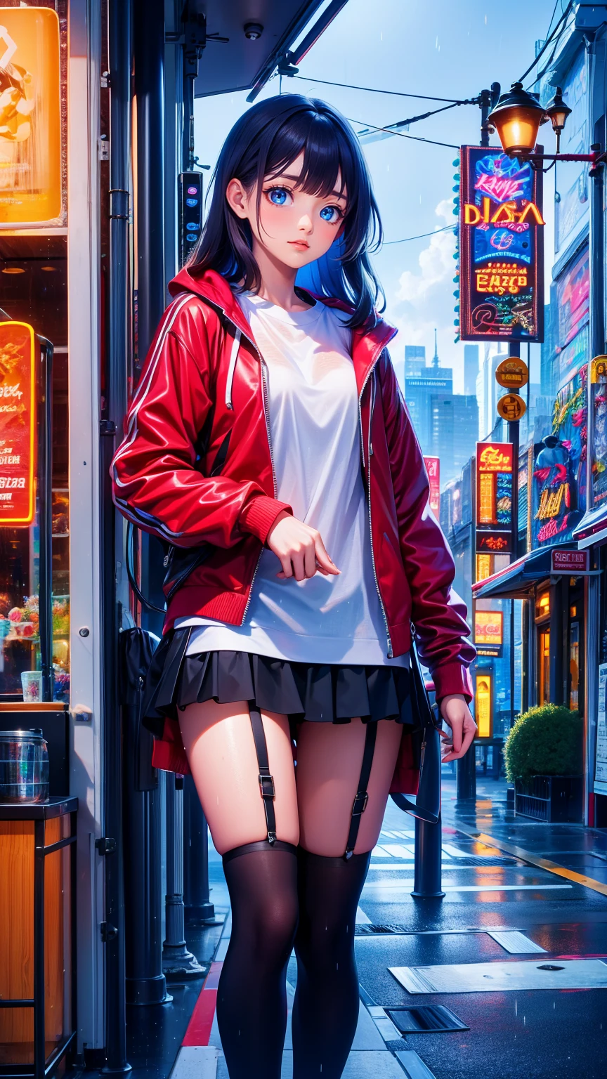 8k，masterpiece， top quality and best ，hyper detailing，Realistically，Realistically，  Highly Detailed Face ， movie lights， movie lights， ray tracing ，Hair without lighting ， Cloudy city，Corner store ，bus stop， torrential rain and heavy rain ， girl with long black hair and black eyes .。 she's wearing a red hooded jacket，white blouse ， black short skirt and black garter belt ，Rain-soaked clothes， black exposure ， depth of field tent  ）， Cinema Lens Lighting 