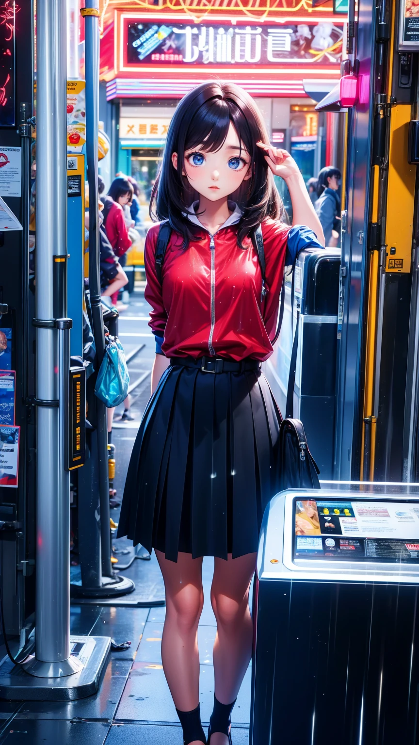 8k，masterpiece， top quality and best ，hyper detailing，Realistically，Realistically，  Highly Detailed Face ， movie lights， movie lights， ray tracing ，Hair without lighting ， Cloudy city，Corner store ，bus stop， torrential rain and heavy rain ， girl with long black hair and black eyes .。 she's wearing a red hooded jacket，white blouse ， black short skirt and black garter belt ，Rain-soaked clothes， black exposure ， depth of field tent  ）， Cinema Lens Lighting 