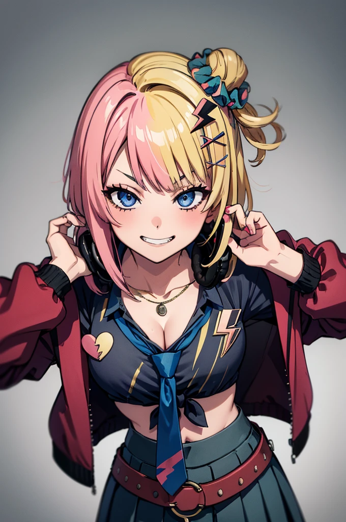 masterpiece, best quality,   kotokadef, hair scrunchie, x hair ornament, hairclip, necklace, headphones, black shirt, tied shirt, necktie, midriff, jacket, pleated skirt, belt, single thighhigh, wrist scrunchie, cowboy shot, looking at viewer, smirk, grin, furrowed brow, upper body, portrait,NSFW