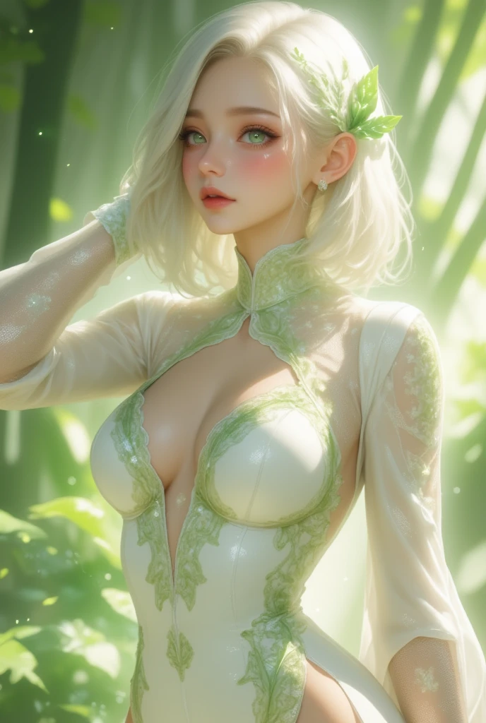 a tsundere character inspired by a daikon radish fairy, appearing as a confident yet slightly shy young woman around 20 years old. She has a slender, feminine figure with smooth, porcelain-like skin that glows softly under the light, exuding both elegance and charm. Her hair is shoulder-length, slightly wavy, and pure white with a subtle green gradient at the tips, resembling the leaves of a daikon radish. A small, delicate leafy hair accessory sits on one side, adding a whimsical touch.

Her eyes are slightly almond-shaped, large, and expressive, with a captivating gradient of emerald green to soft lime. Intricate, faintly glowing star-like patterns shimmer in her irises, enhancing her magical aura. Long, dark, feathery eyelashes frame her eyes, emphasizing their alluring and tsundere expression. Her lips are soft and naturally pink, slightly parted as if caught mid-reaction, and subtly glossy, giving her a touch of sophistication.

Her attire is a flowing, custom-fitted white gown inspired by the sleek and smooth texture of a daikon radish. The gown hugs her figure gracefully, with an elegant thigh-high slit revealing her long legs, and intricate green embroidery along the neckline, hem, and sleeves, inspired by radish leaves and flowers. She stands with a slightly defensive posture, one hand on her hip, the other brushing her hair away as she blushes faintly, giving off a mix of confidence and tsundere shyness.

The background is abstract, featuring soft, blurred gradients of white, green, and pale yellow, resembling a bokeh effect. Delicate, glowing daikon leaves and translucent white radish flowers float across the scene, creating a dreamlike, magical atmosphere. The overall vibe is a combination of refined beauty, tsundere charm, and whimsical elegance.