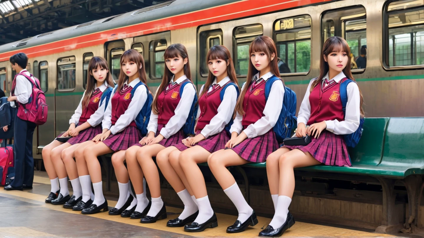 (best quality, masterpiece:1.5), (ultra-detailed, realistic:1.37),4K,(4woman:1.5),japanese,cute,beautiful,(school uniform:1.2),(miniskirt),high sockssmile,curly hair