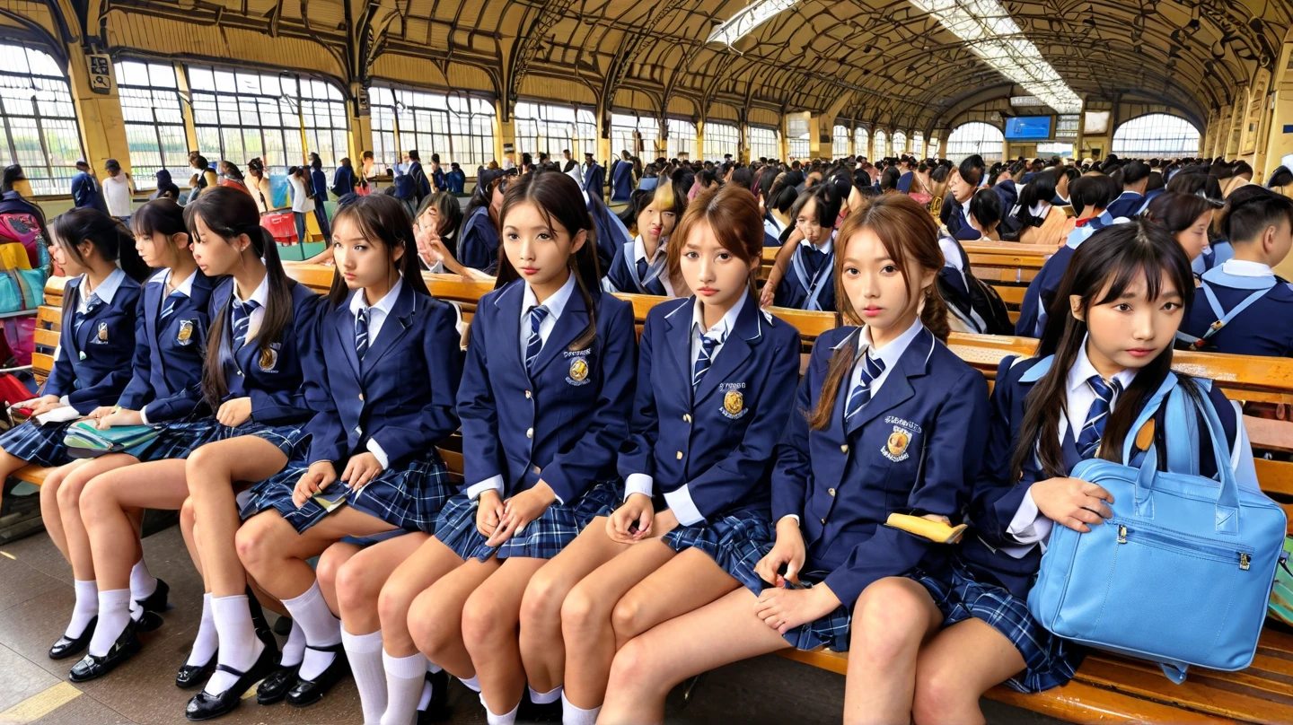 (super high quality:1.3), masterpiece, (high definition), HDR, 8k, school girls are sitting on a bench in uniform, crowded Busy Train Station,