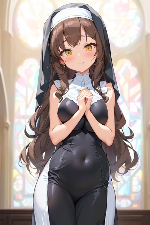 A young slim girl in a nun outfit standing in front of a stained window, anime girl wearing a black dress, anime visual of a cute young girl with yellow eyes, anime moe artstyle, marin kitagawa fanart, cute anime waifu in a nice dress, anime girl in a maid costume, profile picture, in an anime style, anime girl with long curly brown hair, (((very narrow waist))), (((very wide hips))), (((very huge breasts))), teenager extremely blushed nun, her smile conveys acceptance and submission, (((looking very horny))), (she looks ready to satisfy you in any perverted way), (((Her suit is very tight to her body and shows off all her curves))), (((she have big breasts))), she has a pervert expression.