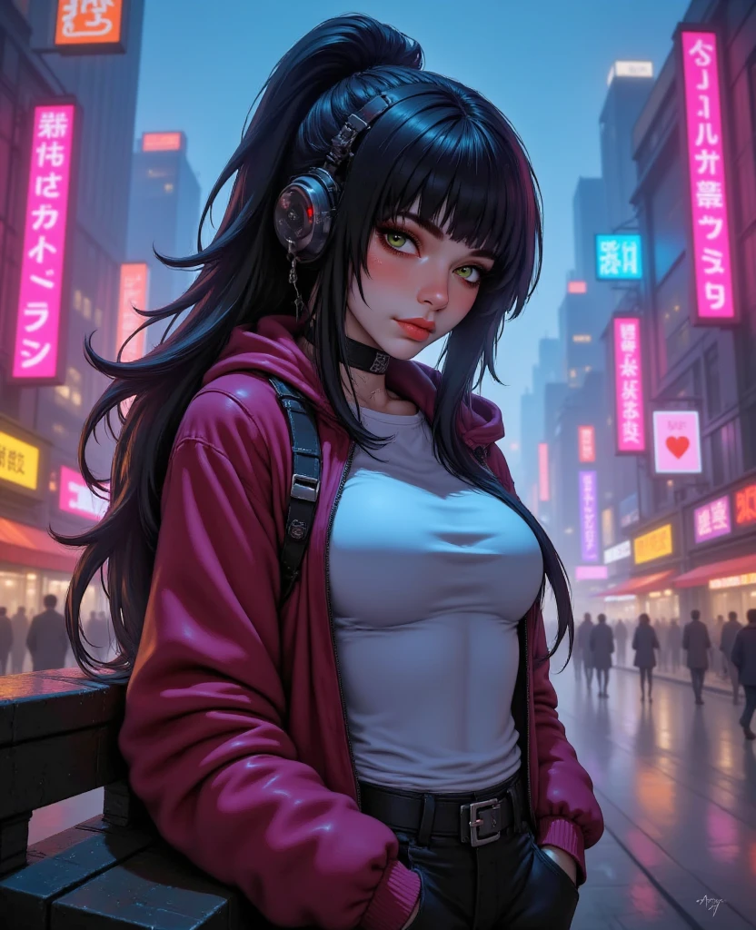 a woman in a pink bikini and black jacket sitting on the street, art cyberpunk style