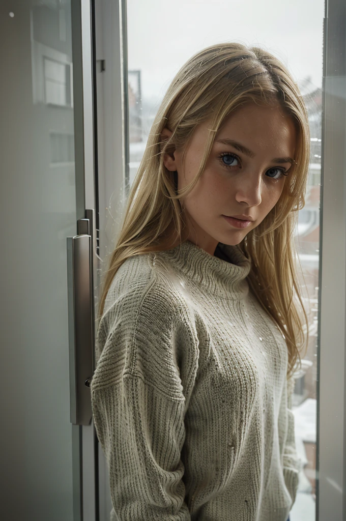 a 24-year-old blonde beautiful woman with blond hair pinned up, Bun, wears a beige turtleneck sweater, shoppingmall