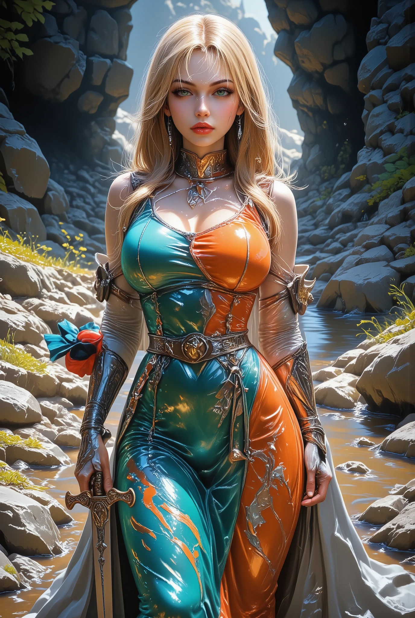  Beautiful sexy Curvy Girl in a Big chic dress on one hand Small metal armor with patterns, decorations,  Mini red-blue hat with a black bow ,  Curvy Long Hair ,  Engraved sword in hand ,  Background Rocky Terrain A little swampy ,  Grass and Wild Plants , masterpiece, 8 k,  intricate details , bright colors, Rich color rendering ,  best quality,  Lots of Details ,