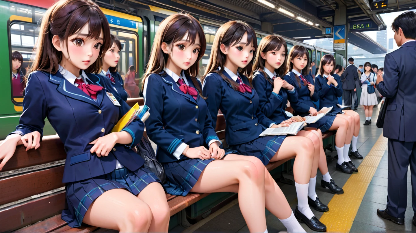 best quality, ultra high resolution, perfect anatomy, 3girls, multiple girls, school girl, sitting in a subway train, spread legs, (white panties), expose panties, front view, best shadows, volumetric lighting