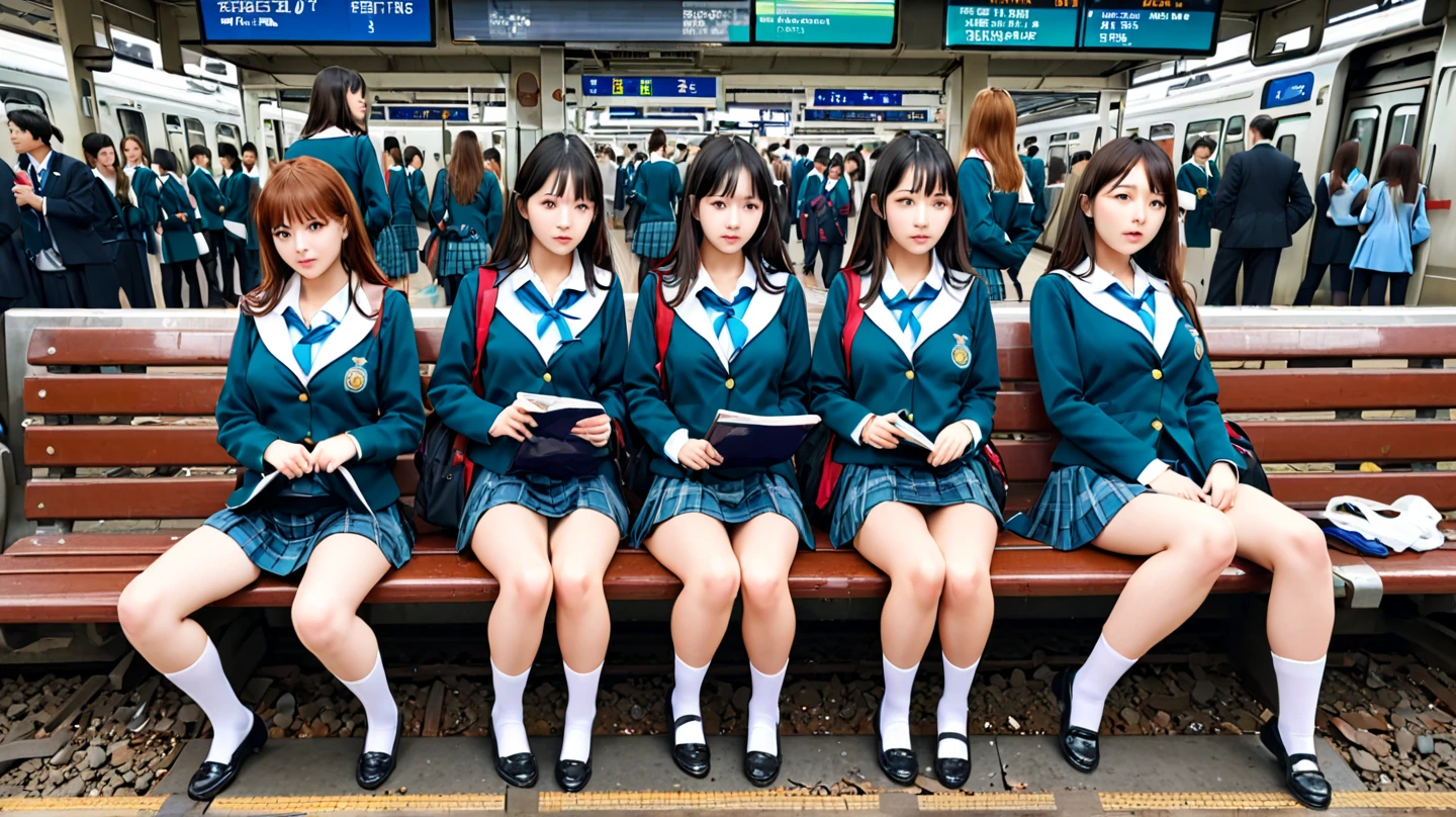 (super high quality:1.3), masterpiece, (high definition), HDR, 8k, school girls are sitting on a bench in uniform, crowded Busy Train Station,