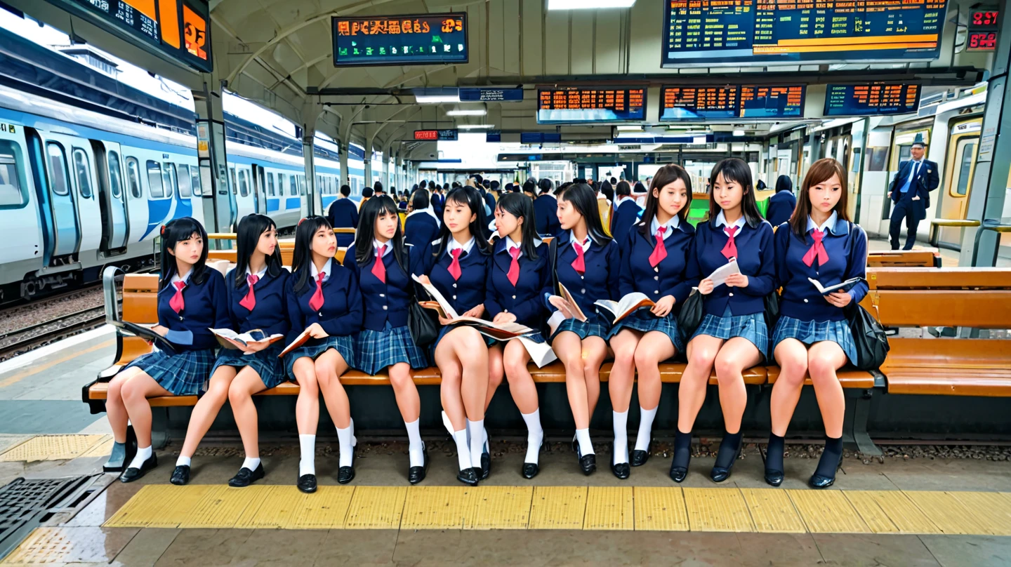 (super high quality:1.3), masterpiece, (high definition), HDR, 8k, school girls are sitting on a bench in uniform, crowded Busy Train Station,