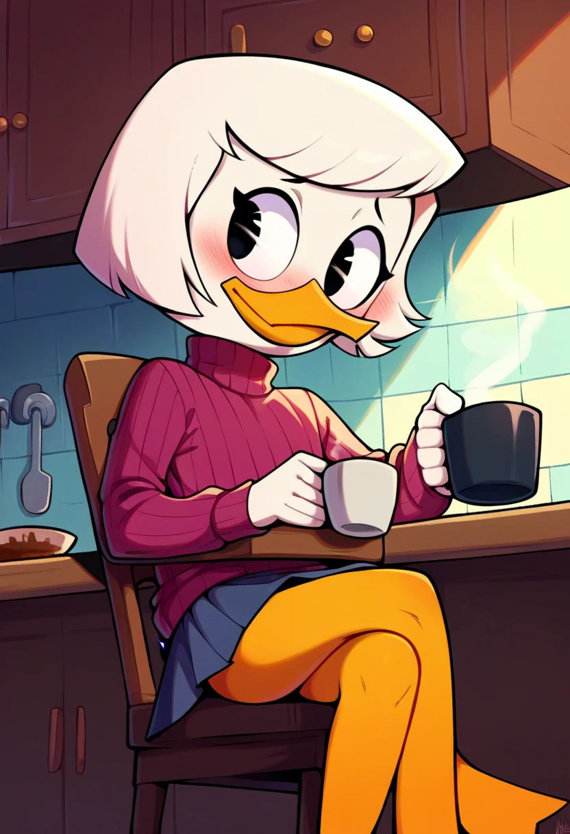 score_9, score_8_up, score_7_up, score_6_up, best quality, highres, source_furry rating_explicit BREAK meesh, by meesh BREAK
1girl, solo, inside, kitchen, duck, beak, webby vanderquack, young, white skin, white hair, short hair, black eyes, sitting on chair, orange legs, pink turtleneck, sweater, ribbed sweater, skirt, coffee mug, blush, crossed legs 