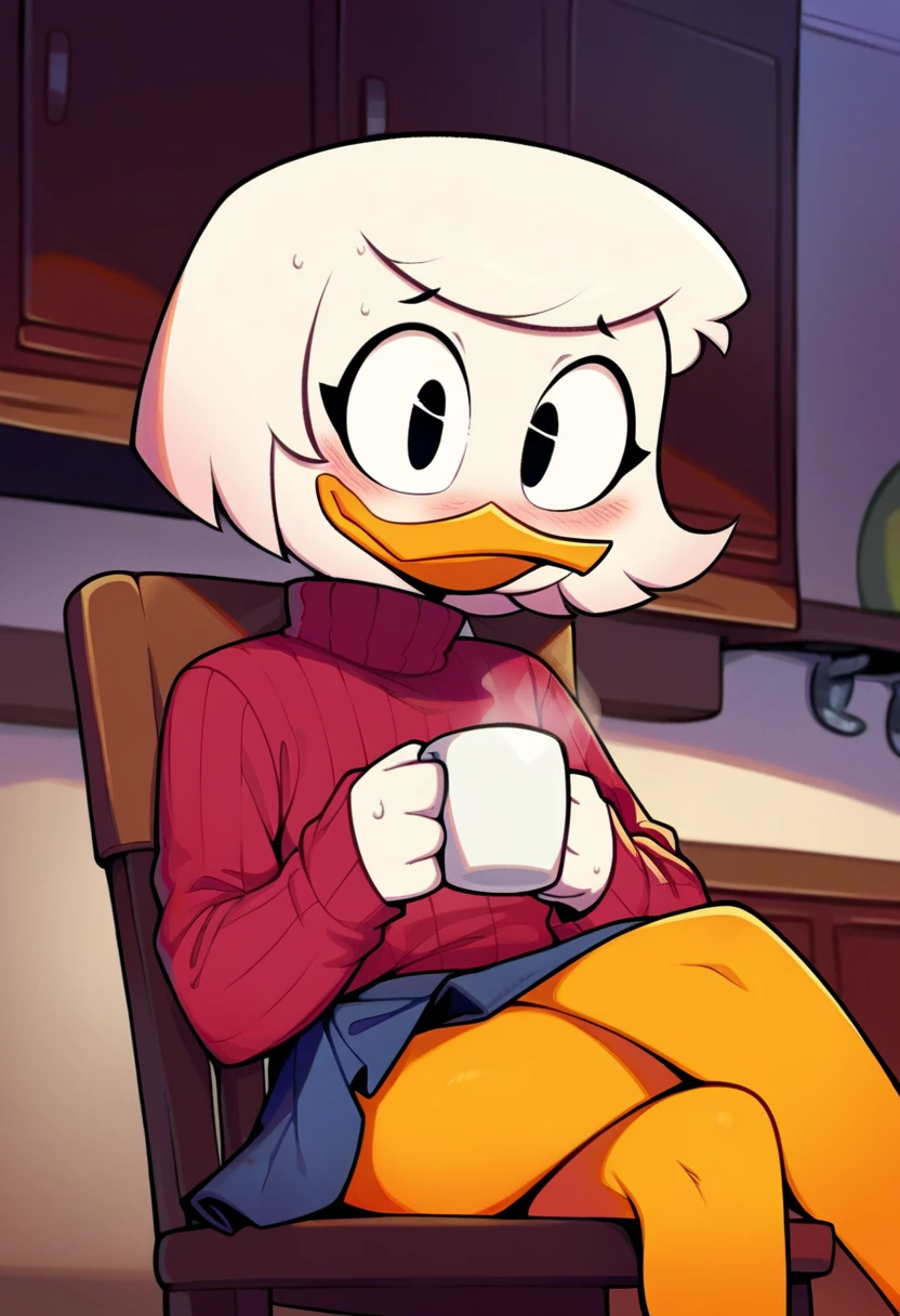 score_9, score_8_up, score_7_up, score_6_up, best quality, highres, source_furry rating_explicit BREAK meesh, by meesh BREAK
1girl, solo, inside, kitchen, duck, beak, webby vanderquack, young, white skin, white hair, short hair, black eyes, sitting on chair, orange legs, pink turtleneck, sweater, ribbed sweater, skirt, coffee mug, blush, crossed legs 