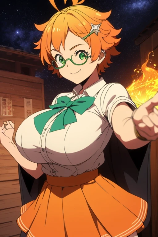 (1girl, solo), EmmaNeverland, huge breast, orange hair, (green eyes:1.2), short hair, ahoge, magical girl, skirt, smile, action pose, ornate clothes, dress train, magic hair ornament, cowboy shot, tiara, orange clothes, BREAK magic background, starry background,  (masterpiece:1.2, best quality), glasses, ((rim-less eyewear)), Kyoto school uniform, short hair, (((mature female))), tall, beautiful, sexy, medium breast, milf