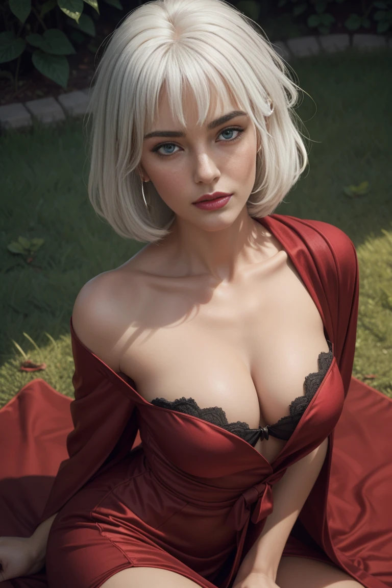 superior quality, many details, detailed face, realistic, mature woman 50 years old with white hair sitting on the grass in yoga pose her eyes are losed, she is dressed dark red robe with black lingerie visible, she is muscular with small breast