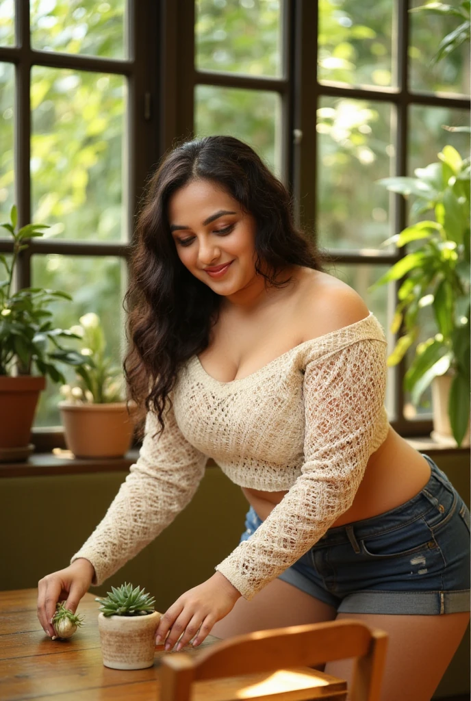 Surrounded by lush greenery and potted plants, she leans over a rustic wooden table, delicately planting a tiny succulent. Her curls are partially tied back, with strands framing her face as she smiles softly. She wears an oversized, off-shoulder knit sweater that reveals one shoulder and hints at her collarbone and figure. Her shorts display her thick, muscular thighs, catching the sun streaming through glass panes above. The setting glows with golden green light, and the color palette is a blend of sage, soft cream, and amber, giving a warm, peaceful atmosphere
