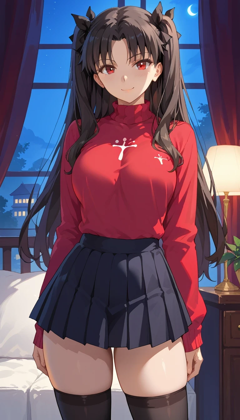 Rin Tohsaka，Source anime, Tall girl, Fit girl,score_9, score_8_up, score_7_up, score_6_up, uncensored midgar, long hair, very long hair, black hair ribbon, black hair, red eyes, sidelocks, ribbon, large breast, 1girl, tohsaka_rin, solo, long_hair, thighhighs, black_hair, black_thighhighs, skirt, two_side_up, zettai_ryouiki, hands_on_hips, blue_eyes, ribbon, hair_ribbon, looking_at_viewer, red_background, black_skirt, pleated_skirt, long_sleeves, copyright_name, character_name, sweater, cowboy_shot, turtleneck, seductive smile, Close mouth, indoors, living room backgrounds, night, windows