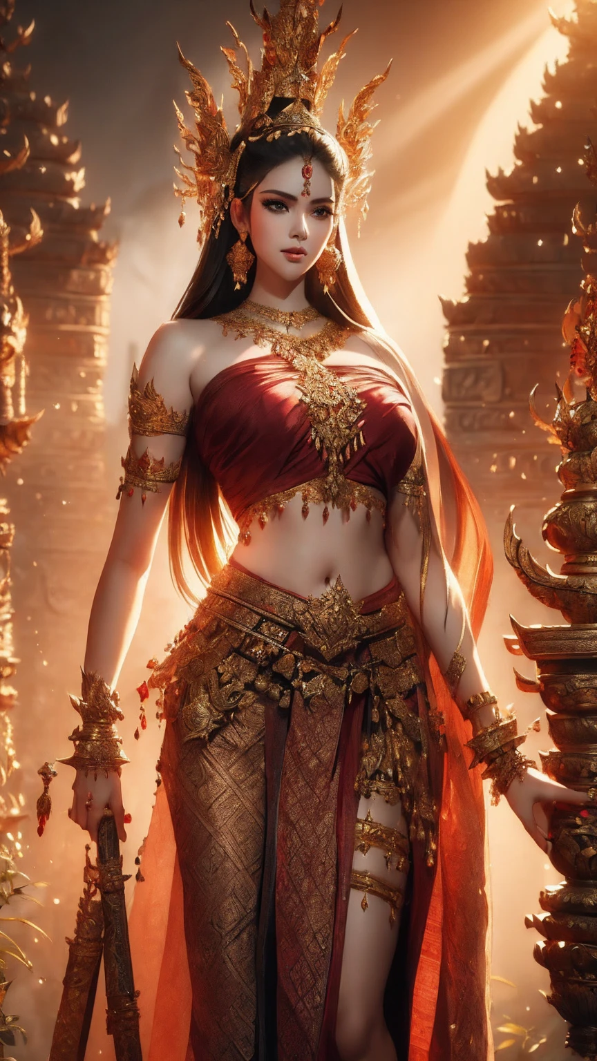 Create a sword-wielding girl warrior in 4K with plump shapes with graceful concave curves from head to toe. (Haircut1 .2)  He is adorned with ancient Thai jewelry, including necklaces, bracelets, belts. He wears a single cloth  (Fluke set - tube top) (Dark Red Dress )Beautifully adorned with rich colors and intricate patterns ( Long Sword Handle1.2)  face. Smooth belly. The background should reflect his sacred and powerful nature, with a soft light around him and a backdrop that complements his traditional outfit.