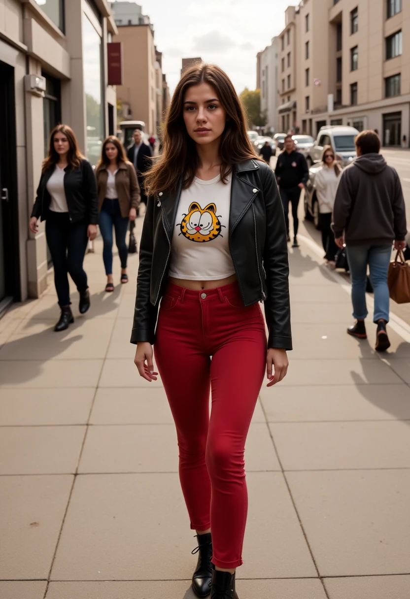 isabella,long brown hair, hazel eyes,White skin,22 years old,dynamic,woman, wearing a white t-shirt with a Garfield image, a short black leather jacket, red tight jeans and black boots, walking on a sidewalk urban scene, medium shot, she's looking to the camera, frontal shot