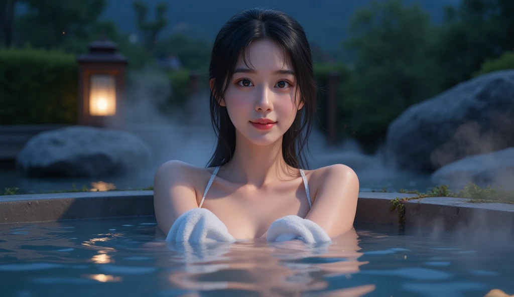 (night:1.7), oriental architecture, 1 woman, ((hot spring, onsen:1.4)), moist skin, ((fog:2.1)), (steam rising:1.8), glowing skin, glossy skin, ((partially submerged in hot spring:1.4)), Holding a wet white towel close to the body, but some cleavage is visible. (towel:1.2) , perfect eyes,perfect face,（smile：0.7），official artwork，Very detailed CG Unity 8k wallpaper、bright_front_face_lighting，（tmasterpiece:1.0），(best_quality :1.0),ultra high resolution,4k,detailed detail,high resolution of,8k,nffsw,high resolution,absurderes:1.2,kodak portra 400,film grain,lens flare glow,（beautiful_face:1.4），8k,raw footage,(outdoor bath drawn wider:1.4) ,(wet hair:1.3),((beautifully depicts depth and width:1.3)),((The outdoor bath is surrounded by a Japanese garden and large rocks, with only two small lights.:1.3)), ((smooth white skin: 1.3)),