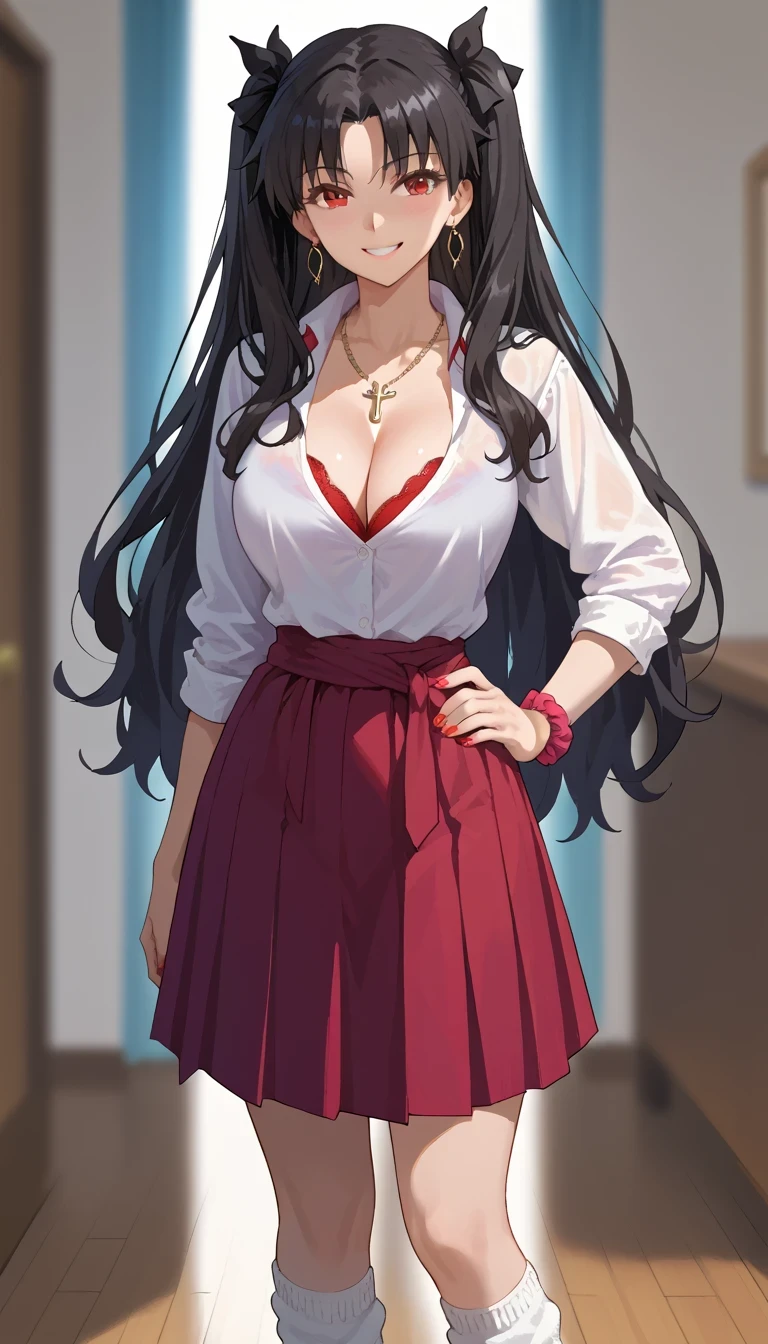 Rin Tohsaka，Source anime, Tall girl, Fit girl,score_9, score_8_up, score_7_up, score_6_up, uncensored midgar, long hair, very long hair, black hair ribbon, black hair, red eyes, sidelocks, ribbon, large breast,  1girl, kogal, loose_socks, solo, jewelry, clothes_around_waist, breasts, wrist_scrunchie, sweater_around_waist, skirt, necklace, school_uniform, smile, looking_at_viewer, cleavage, scrunchie, socks, hand_on_hip, earrings, bracelet, shoes, loafers, v, nail_polish, sweater, black_skirt, white skin, close mouth, school backgrounds, blurry backgrounds 