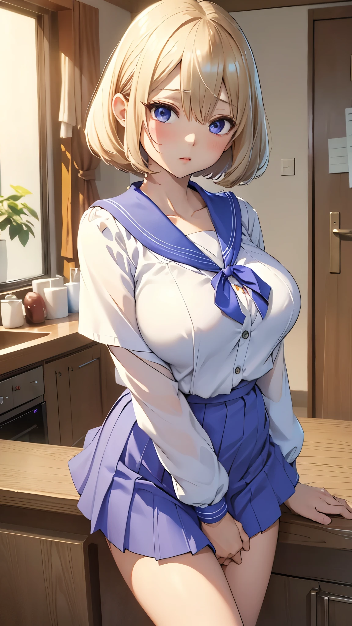 Umino Yuki、masterpiece,  best quality、 best quality,(8k resolution),Beauty、 （  Sexy Perfect Style）、(  Big Breasts )、Blonde Bob Cut、(white and blue sailor uniform)、( blue skirt)、((Bring your chest closer))、 purple eyes、